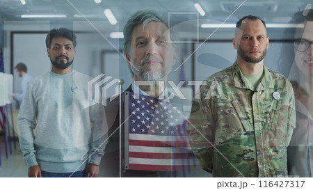 Montage of American people looking at camera for social video about Presidential Election 116427317