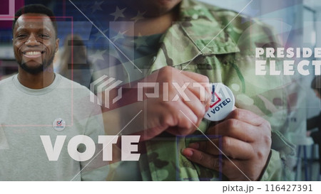 Montage of multiethnic US citizens and highlights from polling stations 116427391