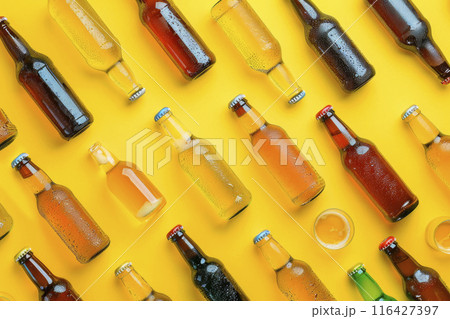 pattern of beers on yellow background. Ai generative 116427397