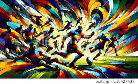 Rugby game in abstract art. Dynamic shapes clash and intertwine, symbolizing players in motion. Generative AI 116427437