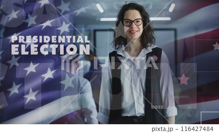 US woman looks at camera. 3D visual effect of waving American flag US woman looks at camera. 3D visual effect of waving American flag 116427484