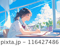 夏の教室で授業を受けている女子高生 116427486