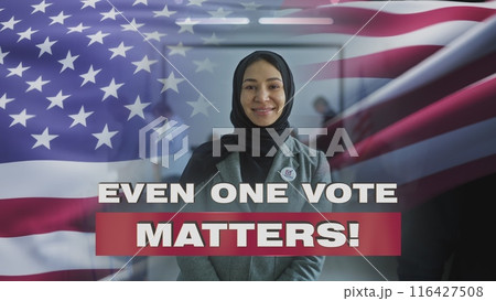 Muslim US woman smiles and looks at camera. 3D visual effect of waving American flag Muslim US woman smiles and looks at camera. 3D visual effect of waving American flag 116427508