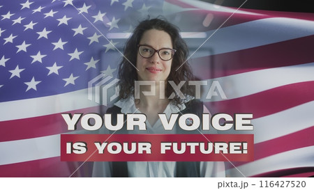 US woman looks at camera. 3D visual effect of waving American flag 116427520