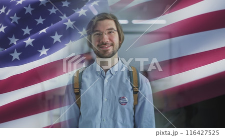 Male US citizen looks at camera. 3D motion graphics of waving American flag Male US citizen looks at camera. 3D motion graphics of waving American flag 116427525