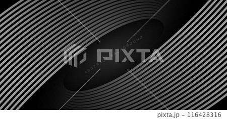 Black abstract background. Modern elegant curve lines pattern. Shiny grey moving lines design element. Suit for banner, poster, booklet, cover, backdrop, presentation, website, flyer, brochure Black abstract background. Modern elegant curve lines pattern. Shiny grey moving lines design element. Suit for banner, poster, booklet, cover, backdrop, presentation, website, flyer, brochure 116428316