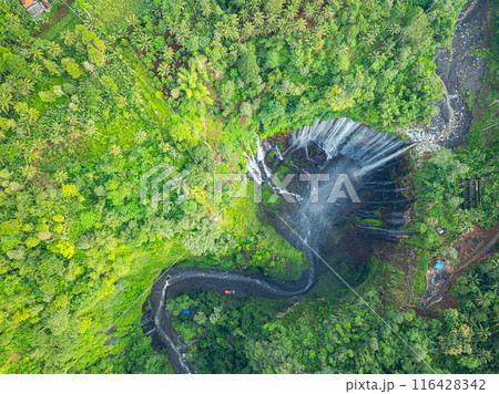 .Aerial view Thousands of waterfalls flow together at Tumpak Sewu Waterfall 116428342