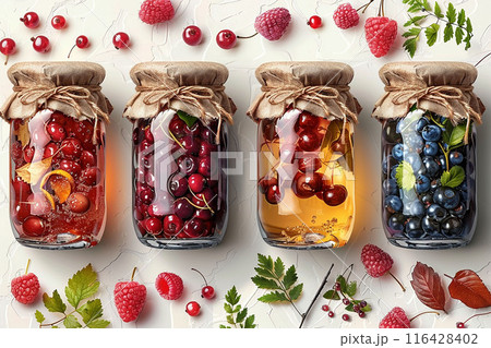 Assortment of summer seasonal berry and fruits jams in jars, homemade preserving concept Assortment of summer seasonal berry and fruits jams in jars, homemade preserving concept 116428402