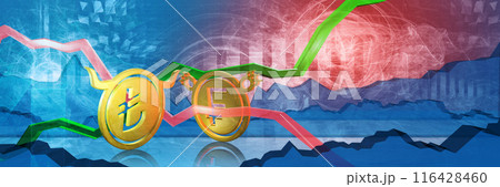 bullish try stopped by bearish chf. 3d illustration of turkish lira to swiss franc foreign exchange market. currency represented as golden coins bullish try stopped by bearish chf. 3d illustration of turkish lira to swiss franc foreign exchange market. currency represented as golden coins 116428460
