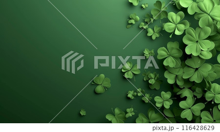 Artistic representation of clover leaves and golden stars on a gradient green background, suggesting festivity. 116428629