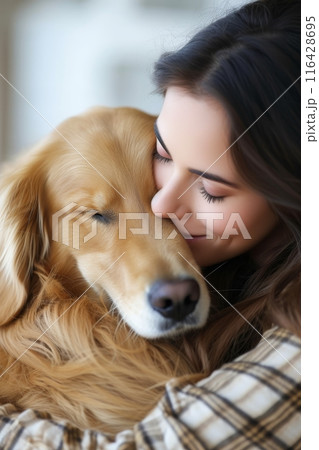 Close-up of a young girl hugging her beagle dog, showcasing a moment of affection and deep bond. 116428695