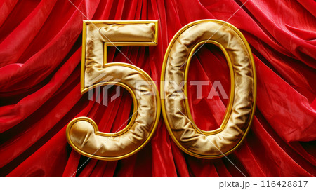 Elegant Golden Number 50 on Red Velvet Background. Anniversary Celebration, Milestone Event 116428817