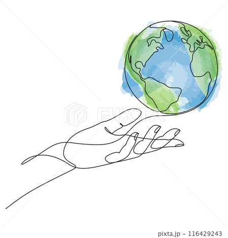 Continuous line drawing of human hand holding world planet earth. Minimal style vector illustration. 116429243