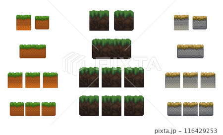 Pixel art ground platform tile set. Different square texture grid collection. Isolated vector sprites for game development or mobile app. 116429253