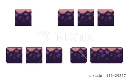 Pixel art ground platform set. Cave land and game props. Retro 8-bit dungeon tile. Isolated vector sprite set. 116429257
