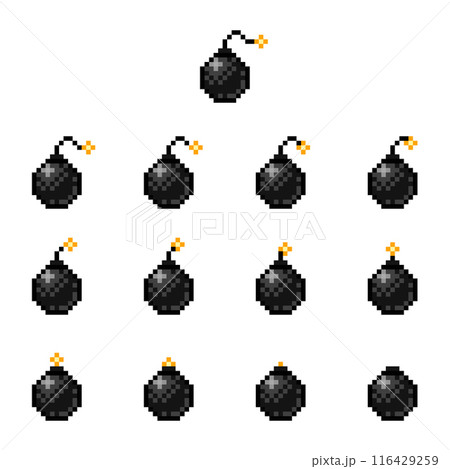 Pixel art set of bomb with burning fuse. 8-bit game design asset vector animation frames. Pixel art set of bomb with burning fuse. 8-bit game design asset vector animation frames. 116429259