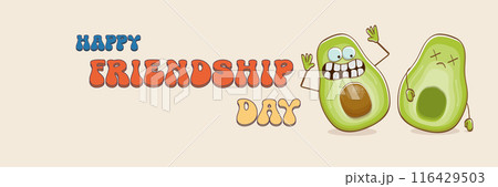 Happy friendship day cartoon comic horizontal banner with two funky avocado friends and GROOVY TEXT isolated on background. Friendship day funky greeting card, sticker, logo, party flyerr. BFF concept Happy friendship day cartoon comic horizontal banner with two funky avocado friends and GROOVY TEXT isolated on background. Friendship day funky greeting card, sticker, logo, party flyerr. BFF concept 116429503