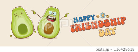 Happy friendship day cartoon comic horizontal banner with two funky avocado friends and GROOVY TEXT isolated on background. Friendship day funky greeting card, sticker, logo, party flyerr. BFF concept 116429519
