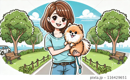 公園でポメラニアンを抱っこしてポーズする女性 116429651