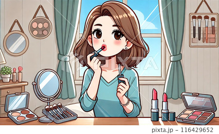 大人の女性がお化粧で口紅を塗っている姿 116429652
