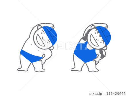 準備運動をする水着の男の子と女の子　青キャップ　　 116429663
