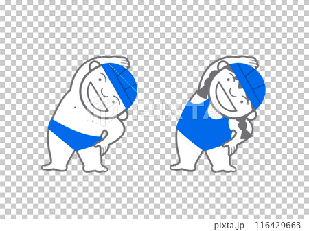 準備運動をする水着の男の子と女の子　青キャップ　　 116429663