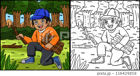 Camping Camper Gathering Wood Illustration 116429858