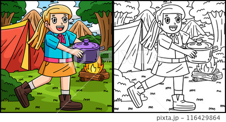 Camping Girl Scout Camper Coloring Illustration Camping Girl Scout Camper Coloring Illustration 116429864
