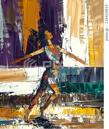 Abstract painting of a female dancer performing on stage with a colorful backdrop 116429915