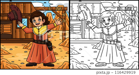 Cowgirl in a Dress Coloring Page Illustration 116429919