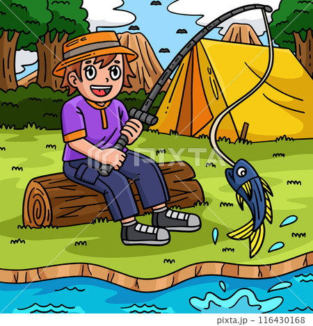 Camping Camper Fishing Colored Cartoon I 116430168