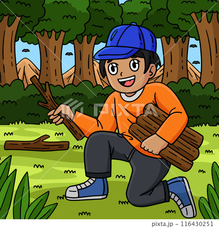 Camping Camper Gathering Wood Colored Cartoon Camping Camper Gathering Wood Colored Cartoon 116430251