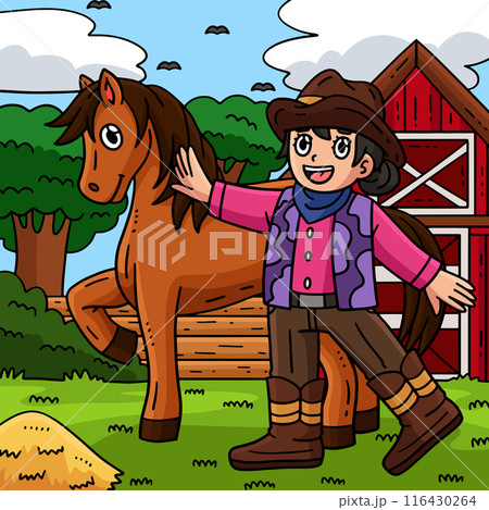 Cowgirl and Pony Colored Cartoon Illustration 116430264