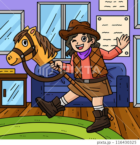 Cowgirl and Toy Horse Colored Cartoon Illustration 116430325