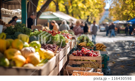 Vibrant display of fresh produce at a bustling farmers market. 116430598