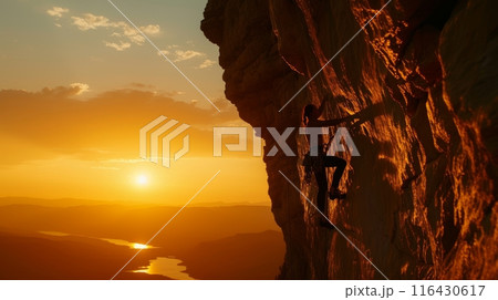 A climber ascends a rugged cliff, backlit by the setting sun over a serene landscape. 116430617