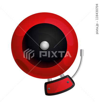 Red fire alarm system signal device isolated on white. Prevention, emergency, warning bell. Vintage signaling. Retro signalization. Firefighter equipment and tool. Vector cartoon illustration 116430704