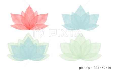 Abstract blooming lotus symbol set. Hand drawn waterlily. Simply stylized flowers. Lotus icon. Geometric floral shape. Watercolor illustration isolated on white background. For design, logo, label Abstract blooming lotus symbol set. Hand drawn waterlily. Simply stylized flowers. Lotus icon. Geometric floral shape. Watercolor illustration isolated on white background. For design, logo, label 116430716