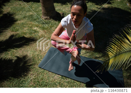 Woman practicing yoga outdoors in tree pose for balance and mindfulness 116430871