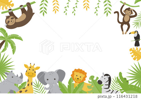Children's horizontal frame with the image of wild jungle animals - giraffe, elephant, zebra, rhinoceros, toucan, monkey, sloth, lion, crocodile. Flat vector illustrations for children. Children's horizontal frame with the image of wild jungle animals - giraffe, elephant, zebra, rhinoceros, toucan, monkey, sloth, lion, crocodile. Flat vector illustrations for children. 116431218