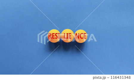 Resilience symbol. Concept word Resilience on beautiful yellow ping-pong balls. Beautiful blue table blue background. Business resilience concept. Copy space. 116431348