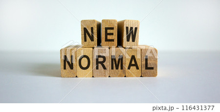 Wooden blocks form the words 'new normal'. Beautiful white background. Wooden blocks form the words 'new normal'. Beautiful white background. 116431377