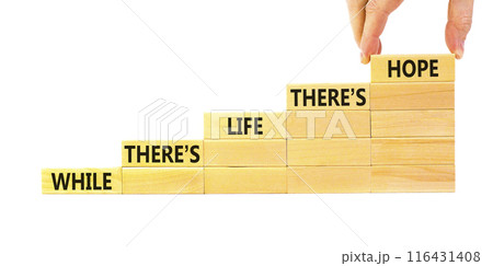 Life and hope symbol. Concept word While there is life there is hope on wooden block. Beautiful white table white background. Businessman hand. Business lifestyle life and hope concept. Copy space. 116431408