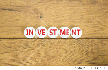 Investment symbol. Concept word Investment on beautiful white pill. Beautiful wooden background. Business investment concept. Copy space. Investment symbol. Concept word Investment on beautiful white pill. Beautiful wooden background. Business investment concept. Copy space. 116431434