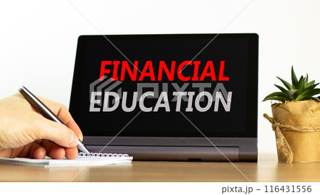 Financial education symbol. Concept words Financial education on beautiful black pad. Beautiful white background. Businessman hand. Business Financial education concept. Copy space. Financial education symbol. Concept words Financial education on beautiful black pad. Beautiful white background. Businessman hand. Business Financial education concept. Copy space. 116431556