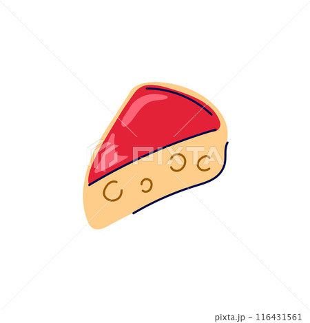 Piece of cheese in a red crust with holes in cartoon style. Grocery simple design. Vector illustration isolated on white background. 116431561