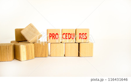 Procedures symbol. Concept word Procedures on beautiful wooden blocks. Beautiful white background. Business procedures concept. Copy space. Procedures symbol. Concept word Procedures on beautiful wooden blocks. Beautiful white background. Business procedures concept. Copy space. 116431646