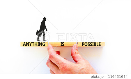 Anything is possible symbol. Concept words Anything is possible on beautiful wooden blocks. Beautiful white table white background. Businessman hand. Business anything possible concept. Copy space. Anything is possible symbol. Concept words Anything is possible on beautiful wooden blocks. Beautiful white table white background. Businessman hand. Business anything possible concept. Copy space. 116431654