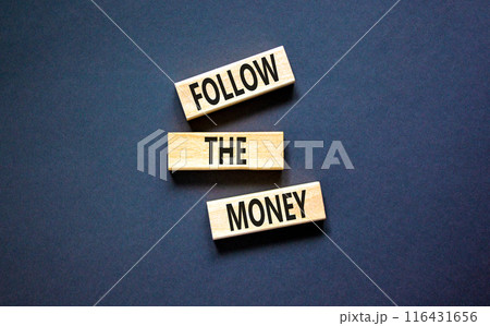 Follow the money symbol. Concept words Follow the money on beautiful wooden blocks. Beautiful black table black background. Business and follow the money concept. Copy space. Follow the money symbol. Concept words Follow the money on beautiful wooden blocks. Beautiful black table black background. Business and follow the money concept. Copy space. 116431656