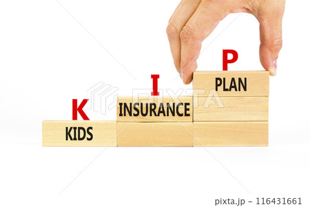 KIP kids insurance plan symbol. Concept words KIP kids insurance plan on beautiful wooden blocks. Beautiful white background. Businessman hand. Business KIP kids insurance plan concept. Copy space. 116431661